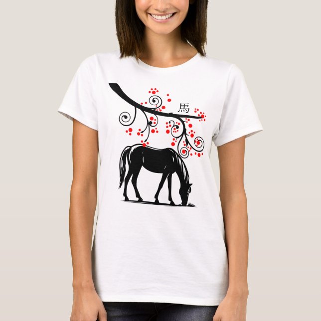 Camiseta Caballo de Año Nuevo chino y florecimiento rojo (Anverso)