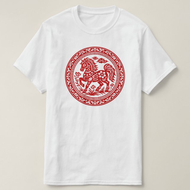 Camiseta Caballo de corte de papel rojo arte tradicional (Diseño del anverso)