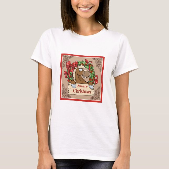 Camiseta Caballo de Dibujos Animados Con Corona de Navidad  (Anverso)