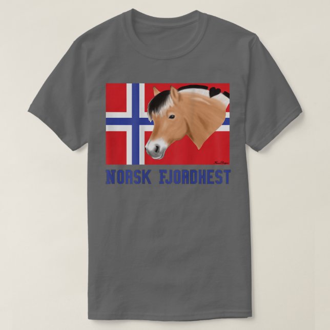 Camiseta Caballo de fiordo con bandera noruega, ventilador  (Diseño del anverso)
