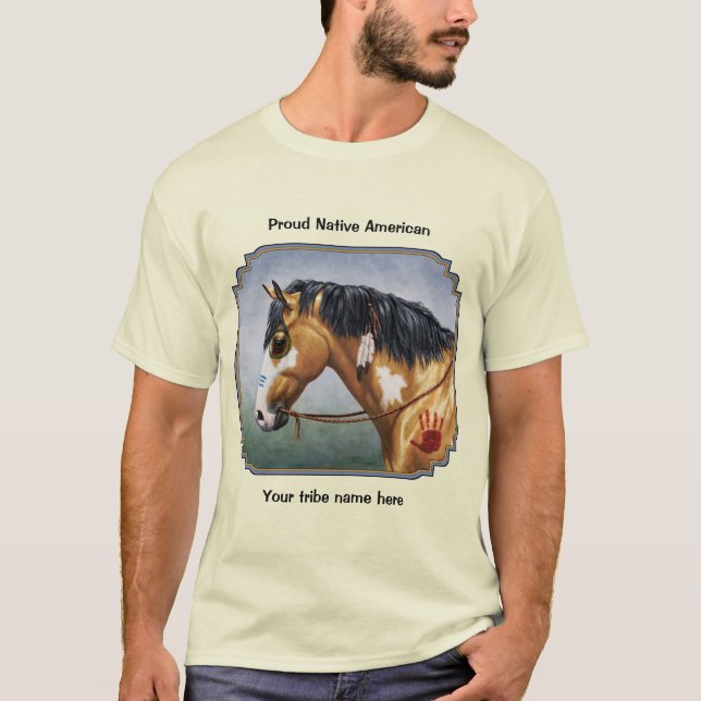 Camiseta Caballo de Guerra Nativo Americano Buckskin Pinto (Anverso)