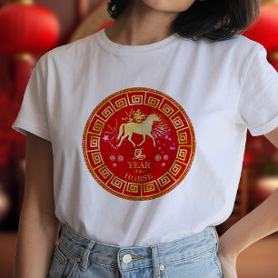 Camiseta Caballo del Zodiaco Chino Rojo/Oro ID542
