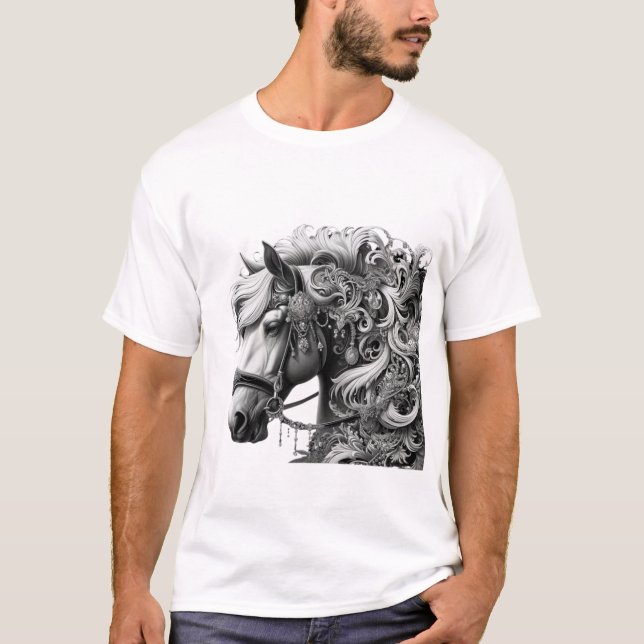 Camiseta Caballo elegante con detalles ornamentales - Negro (Anverso)