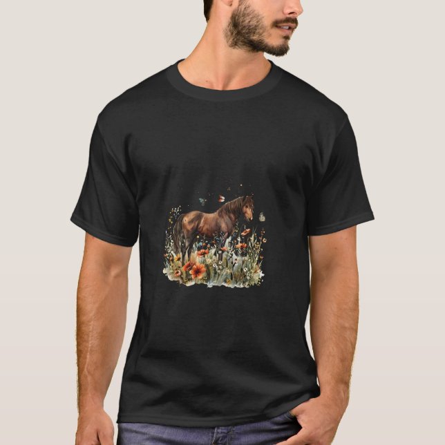 Camiseta Caballo en prado de flores con mariposas (Anverso)