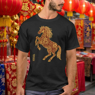 Camiseta Caballo Floral Tradicional Rojo Oro Elegante