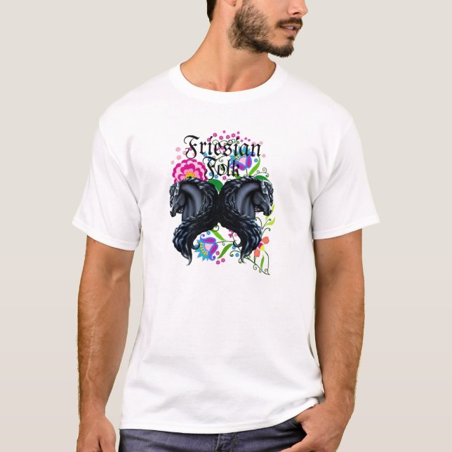 Camiseta caballo frisio, semental, flores populares (Anverso)