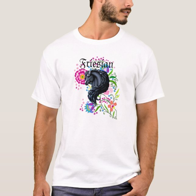 Camiseta Caballo frisio, semental, flores populares (Anverso)