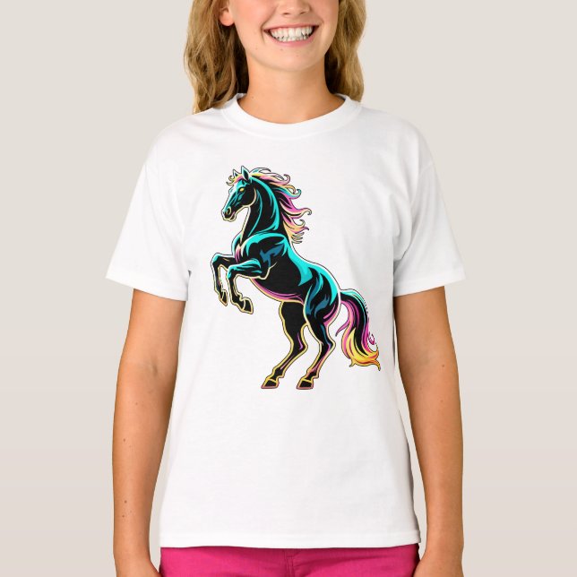 Camiseta Caballo Luz de Neón Glitch Estilo Retro (Anverso)