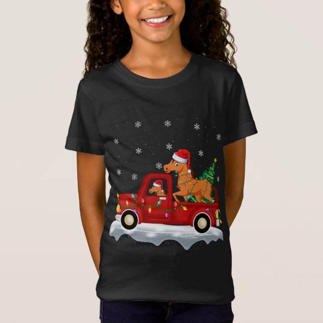Camiseta Caballo montando Camión Rojo Navidad Árbol ilumina (Anverso)