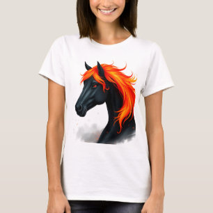 Camiseta Caballo Negro Con Crin Roja Fulgurante