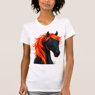 Camiseta Caballo Negro Con Crin Roja Fulgurante