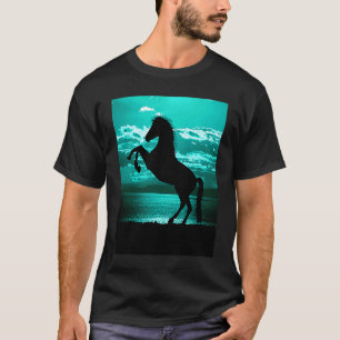 Camiseta Caballo Negro Encabritado Cielo Turquesa