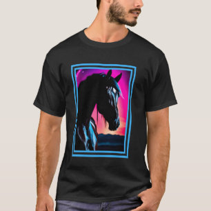 Camiseta Caballo Negro Sobre Fondo Brillante De Atardecer A