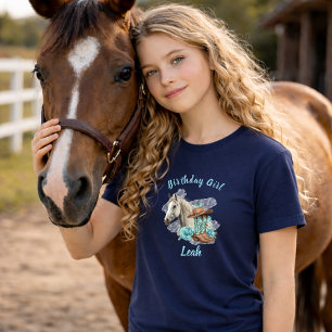 Camiseta Caballo Occidental Flores Cumpleaños - Azul Marino