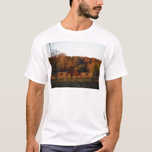Camiseta Caballo rojo marrón, bosque otoñal. (Anverso)