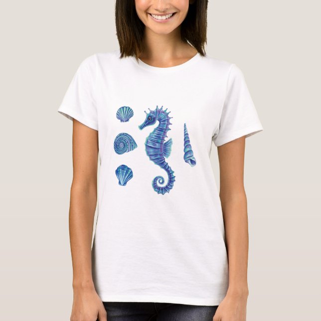 Camiseta Caballos de mar y conchas marinas (azul y turquesa (Anverso)