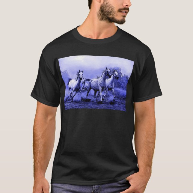 Camiseta Caballos en marcha y luz luna azul (Anverso)