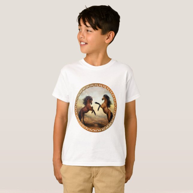 Camiseta Caballos Friesianos Oscuros Y Marrones Ligeros (Anverso completo)