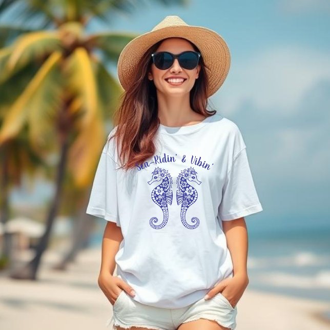 Camiseta Caballos marinos-pescador Core-Hawaiano Tropical-B (Sea Horse-Fisherman Core-Hawaiian-Tropical-Beach T shirt-Summer Trend-Deep Blue)