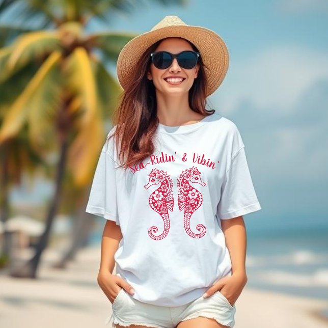 Camiseta Caballos marinos-pescador Core-Hawaiano Tropical-R (Sea Horse-Fisherman Core-Hawaiian-Tropical-Beach T shirt-Summer Trend-Cherry Red)