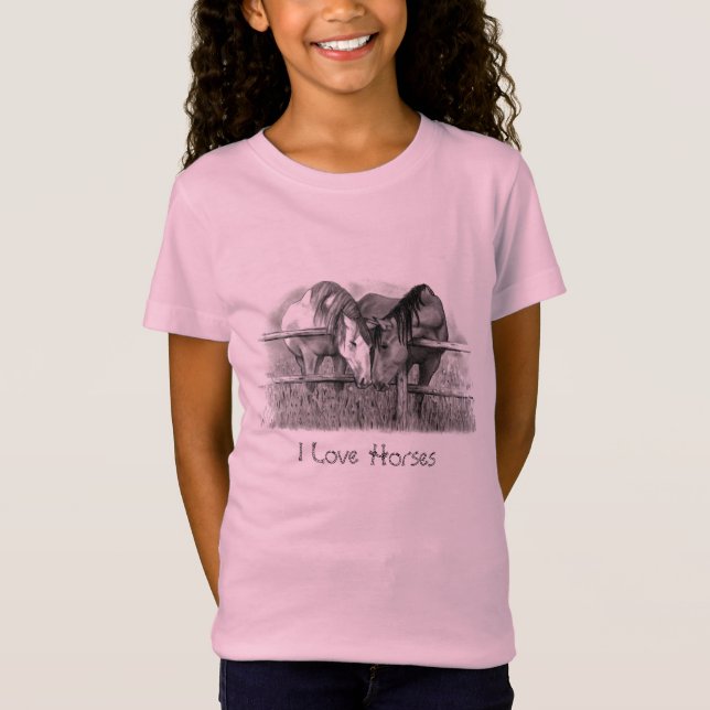 Camiseta Caballos Nuzzling: Dibujo de lápiz original (Anverso)