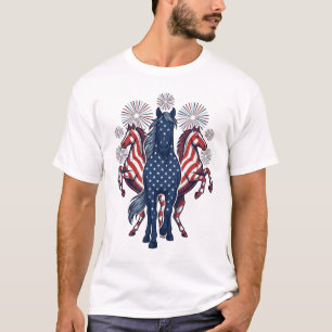 Camiseta Caballos Patrióticos Diseño Vectorial de Fuegos Ar