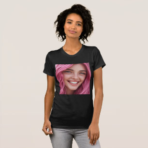 Camiseta Cabello Rosa Vibrante Pecas Sonrisa Retrato Gráfic