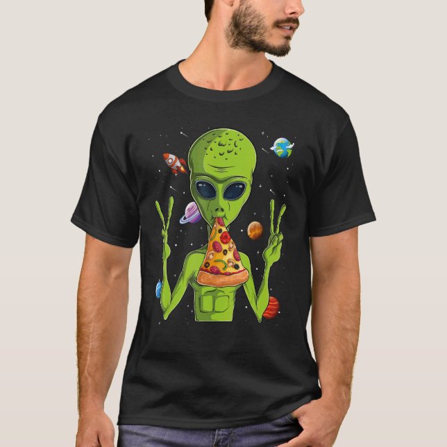 Camiseta Cabeza Alien Comer Pizza Ufo Hombres Extraterrestr (Anverso)