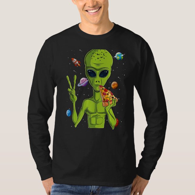 Camiseta Cabeza Alien Comer Pizza Ufo Hombres Extraterrestr (Anverso)