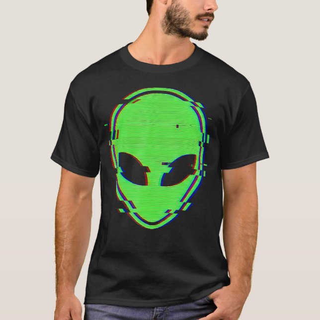 Camiseta Cabeza de Alien Verde Glitch Trippy Vaporwave Tech (Anverso)