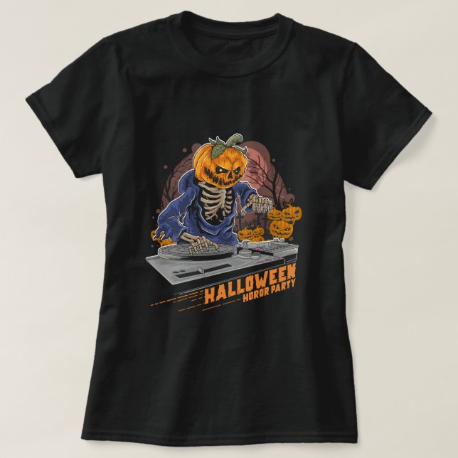 Camiseta cabeza de calabaza halloween dj en fiesta musical (Diseño del anverso)