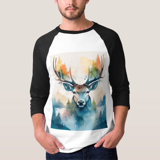 Camiseta Cabeza de ciervo con cuerdas y árboles forestales (Anverso)