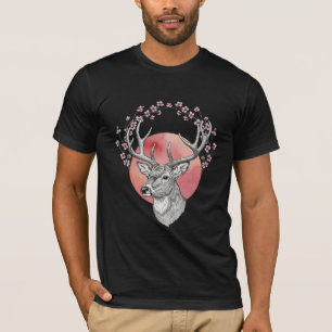 Camiseta Cabeza de ciervo con flores de cerezo Sakura y sol