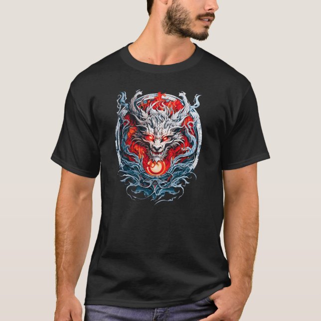 Camiseta Cabeza de dragón mítica de la llama roja de fuego (Anverso)