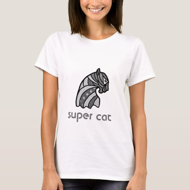 Camiseta Cabeza de gato con ornamentos boho negro y blanco (Anverso)