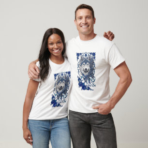 Camiseta Cabeza de Lobo Azul Místico Arte Diseño de Manda