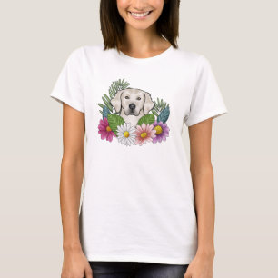 Camiseta Cabeza de Retriever Dorado Crema con Flores Colori