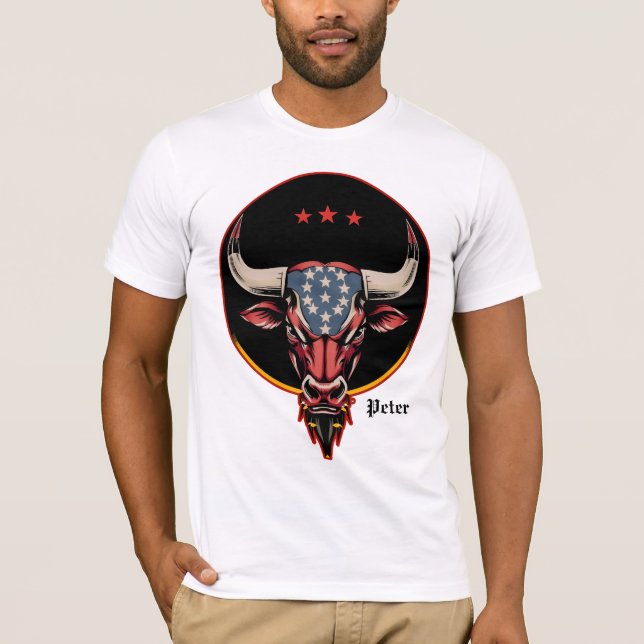 Camiseta Cabeza de toro patriótica, toro estadounidense. (Anverso)