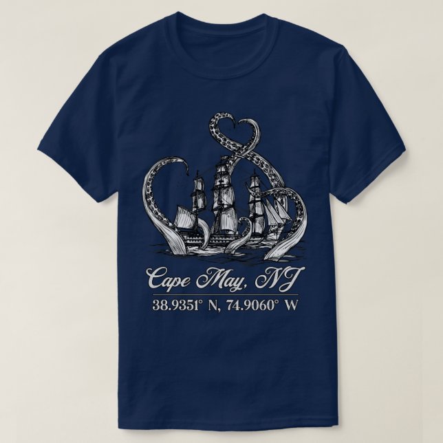 Camiseta Cabo May NJ Coordenadas Náuticas Con Octopus (Diseño del anverso)