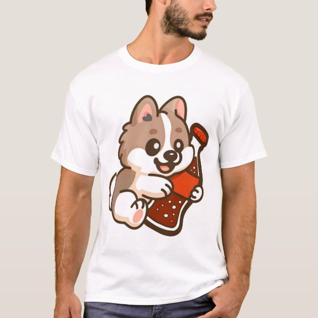 Camiseta Cachorro Adorable Abrazando Botella de Refresco (Anverso)