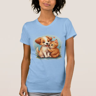 Camiseta Cachorro Adorable y Gatito Abrazándose