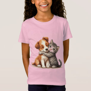Camiseta Cachorro adorable y gatito abrazándose con cálidas
