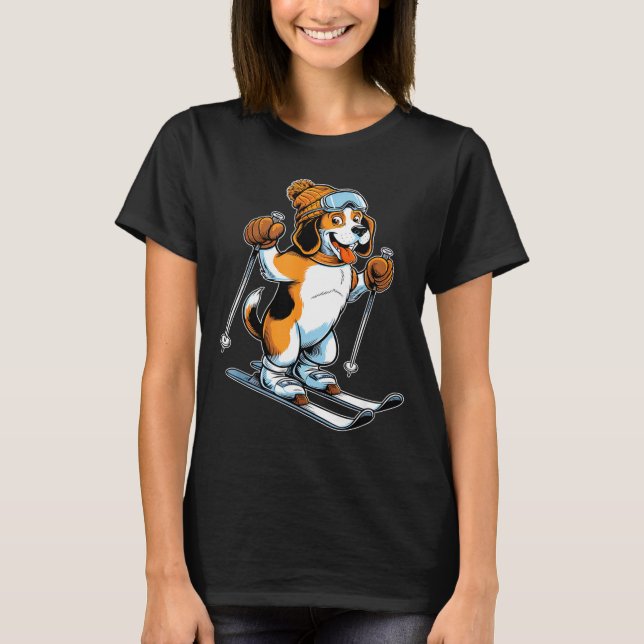 Camiseta Cachorro beagle juguetón de invierno con esquí (Anverso)