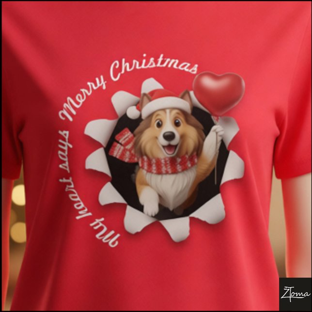 Camiseta Cachorro Collie Navidad Corazón Bufanda Esponjoso (Subido por el creador)