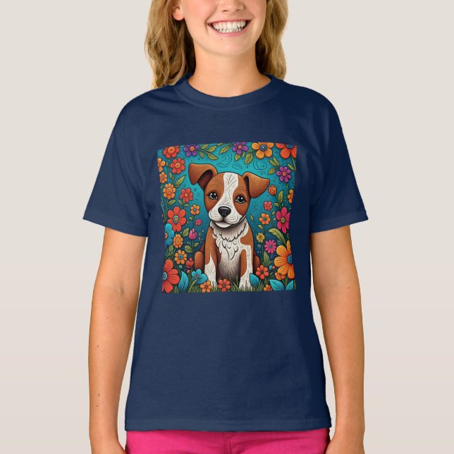 Camiseta Cachorro con flores de arte folclórico caprichosas (Anverso)
