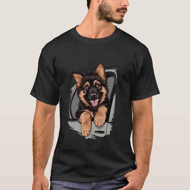 Camiseta Cachorro de Pastor Alemán asomándose por la ventan (Anverso)