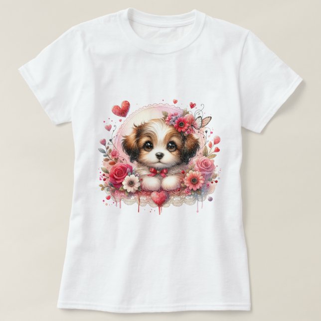 Camiseta Cachorro dulce con corazón floral (Diseño del anverso)