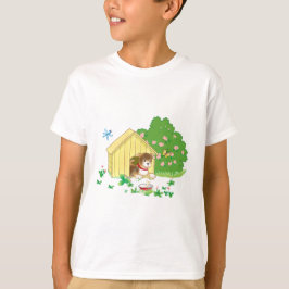 Camiseta cachorro en una perrera y hueso en un bol