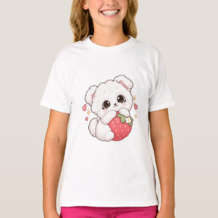 Camiseta Cachorro Kawaii lindo abrazando fresa