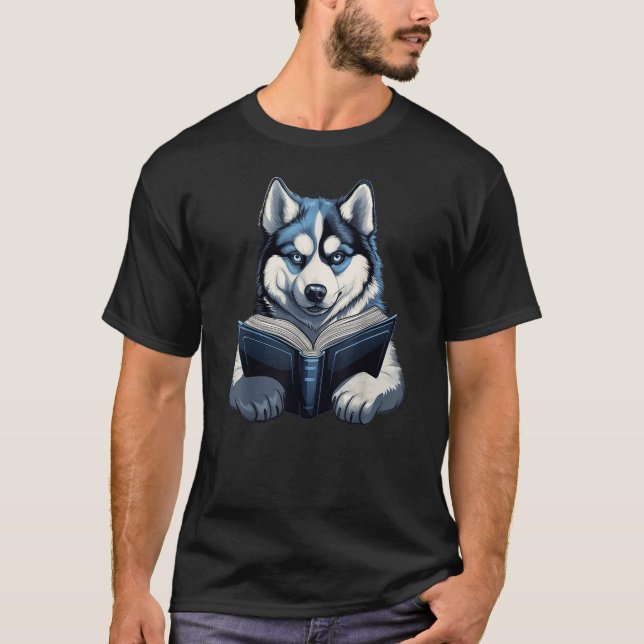 Camiseta Cachorro lindo Husky siberiano leyendo libro (Anverso)